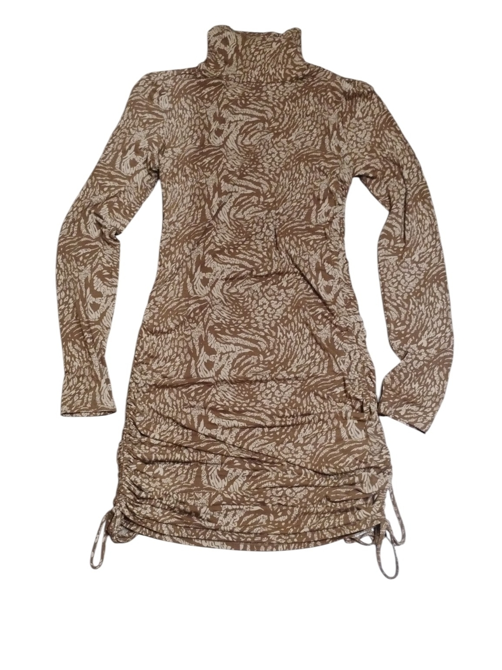 Forever 21 Brown Printed Long-Sleeve Turtleneck Ruched Dress SZ L NWT